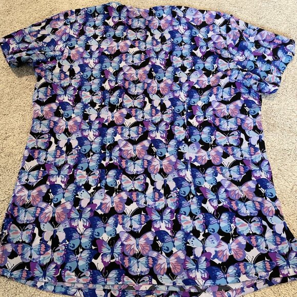 2 Divine Stretch Scrub Top Size M Multicolor Butterflies Pockets Medical Dental - Picture 9 of 12